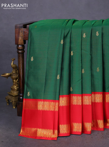Pure kanchipuram silk saree green and red with allover vairaosi pattern & zari buttas and rettapet zari woven korvai border