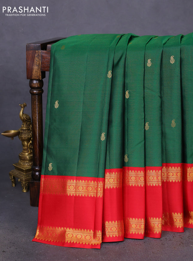 Pure kanchipuram silk saree green and red with allover vairaosi pattern & zari buttas and rettapet zari woven korvai border