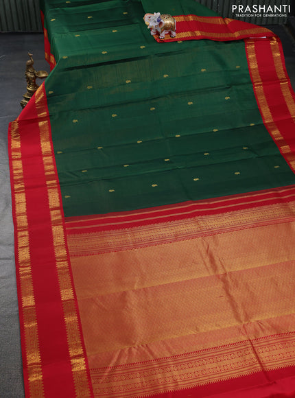 Pure kanchipuram silk saree green and red with allover vairaosi pattern & zari buttas and rettapet zari woven korvai border