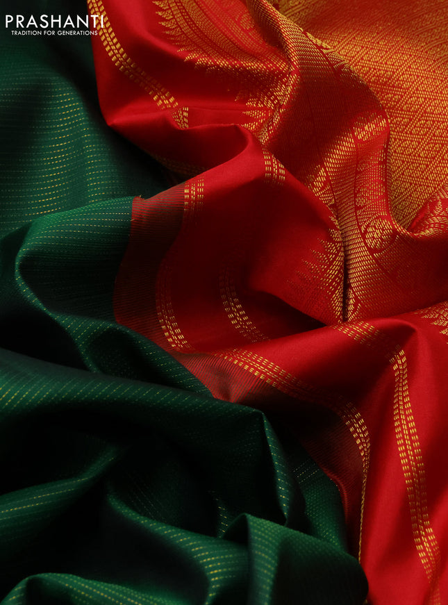 Pure kanchipuram silk saree green and red with allover vairaosi pattern & zari buttas and rettapet zari woven korvai border