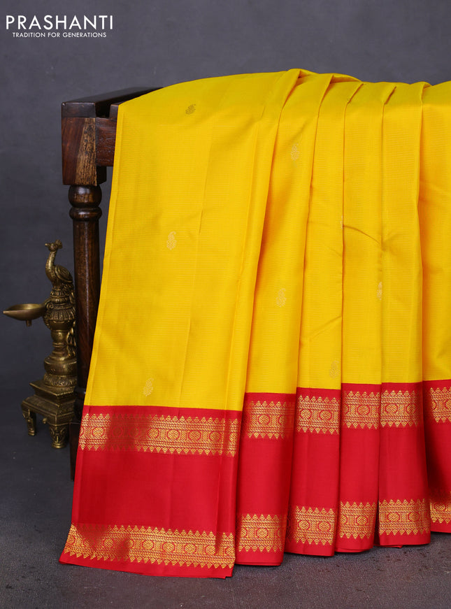 Pure kanchipuram silk saree yellow and red with allover vairaosi pattern & zari buttas and rettapet zari woven korvai border