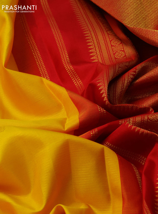 Pure kanchipuram silk saree yellow and red with allover vairaosi pattern & zari buttas and rettapet zari woven korvai border