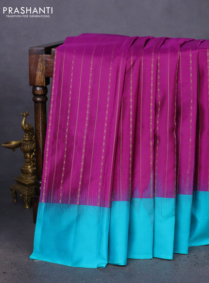 Pure kanchipuram silk saree purple and teal blue with allover stripes pattern and simple border