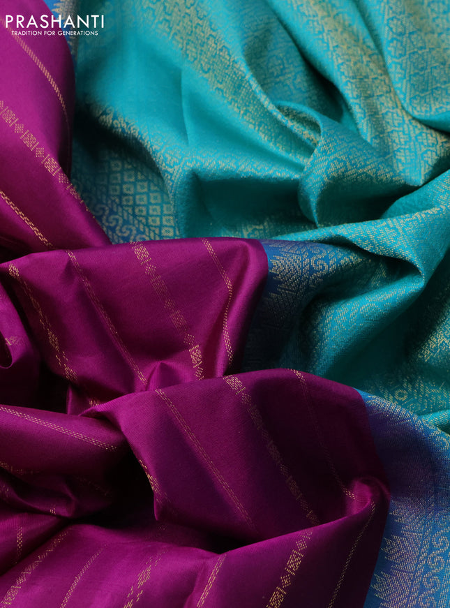 Pure kanchipuram silk saree purple and teal blue with allover stripes pattern and simple border