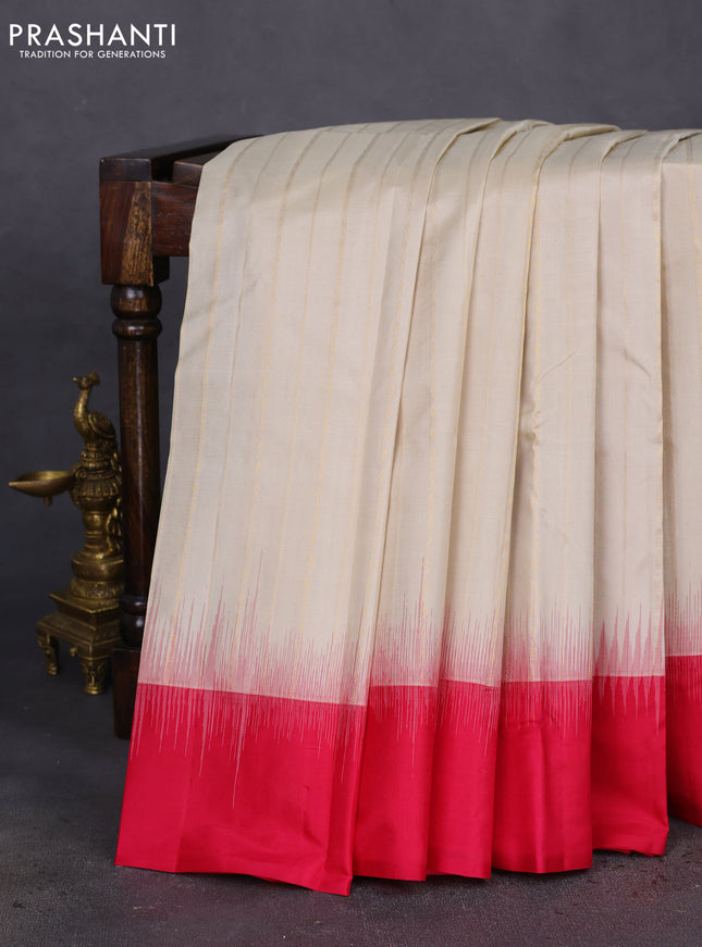 Pure kanchipuram silk saree cream and pink with allover stripes pattern and simple border