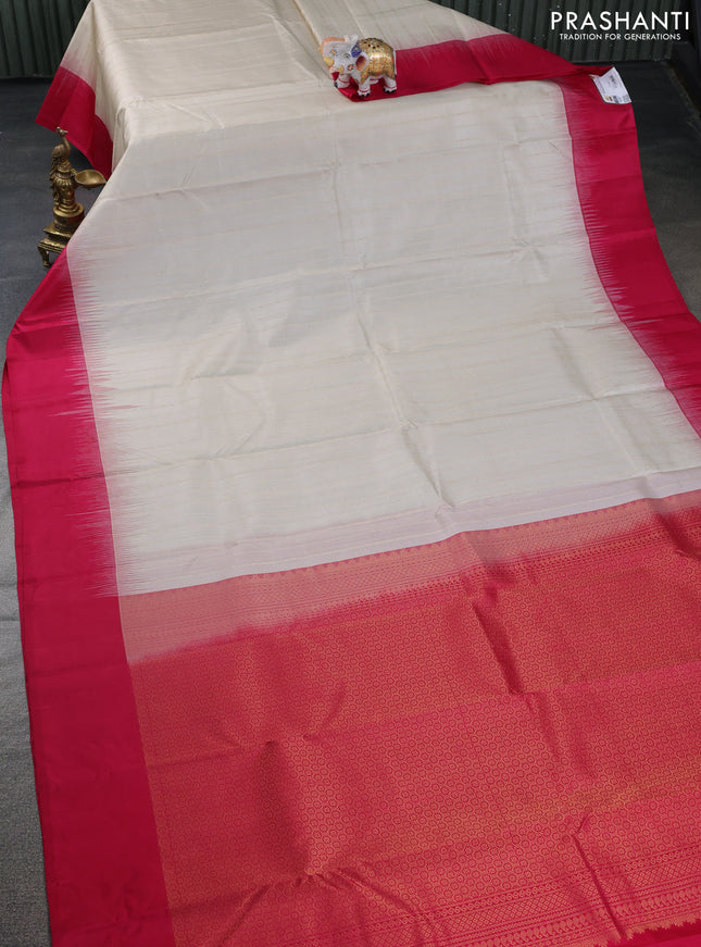 Pure kanchipuram silk saree cream and pink with allover stripes pattern and simple border
