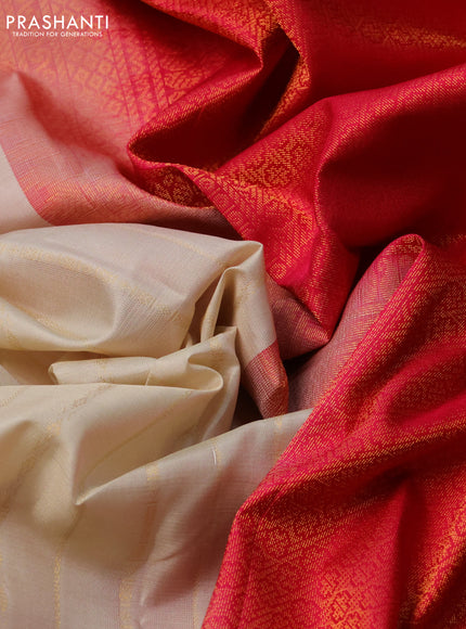 Pure kanchipuram silk saree cream and pink with allover stripes pattern and simple border