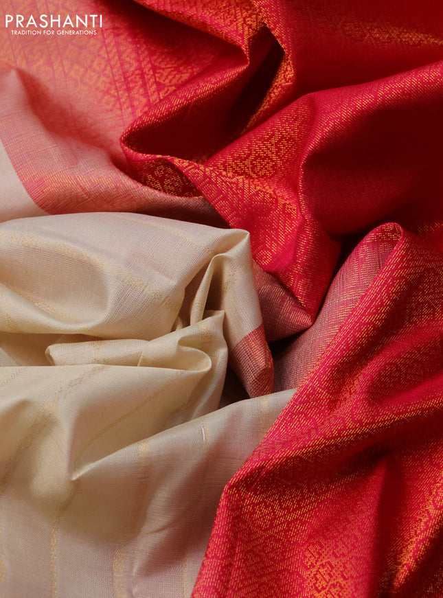 Pure kanchipuram silk saree cream and pink with allover stripes pattern and simple border