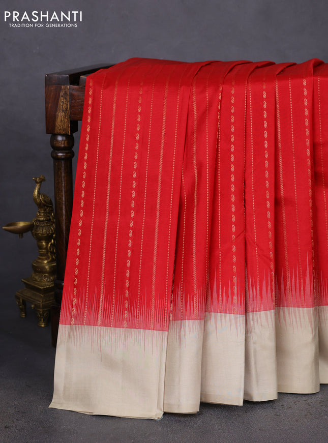 Pure kanchipuram silk saree red and beige with allover stripes pattern and simple border