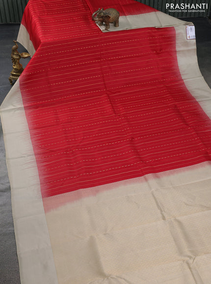 Pure kanchipuram silk saree red and beige with allover stripes pattern and simple border