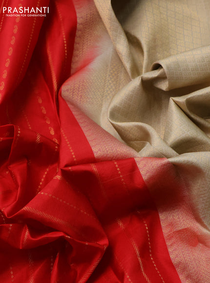 Pure kanchipuram silk saree red and beige with allover stripes pattern and simple border