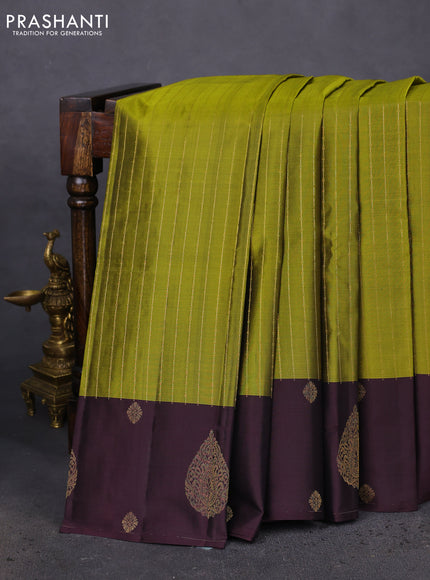 Pure kanchipuram silk saree mehendi green and wine shade with allover stripes pattern and zari woven butta border
