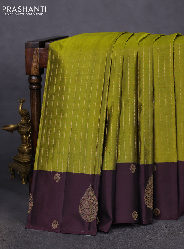 Pure kanchipuram silk saree mehendi green and wine shade with allover stripes pattern and zari woven butta border