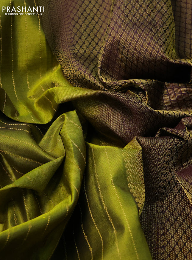 Pure kanchipuram silk saree mehendi green and wine shade with allover stripes pattern and zari woven butta border