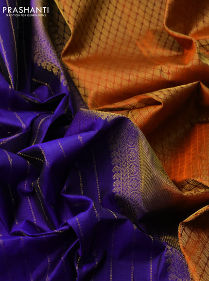 Pure kanchipuram silk saree blue and orange with allover stripes pattern and zari woven butta border