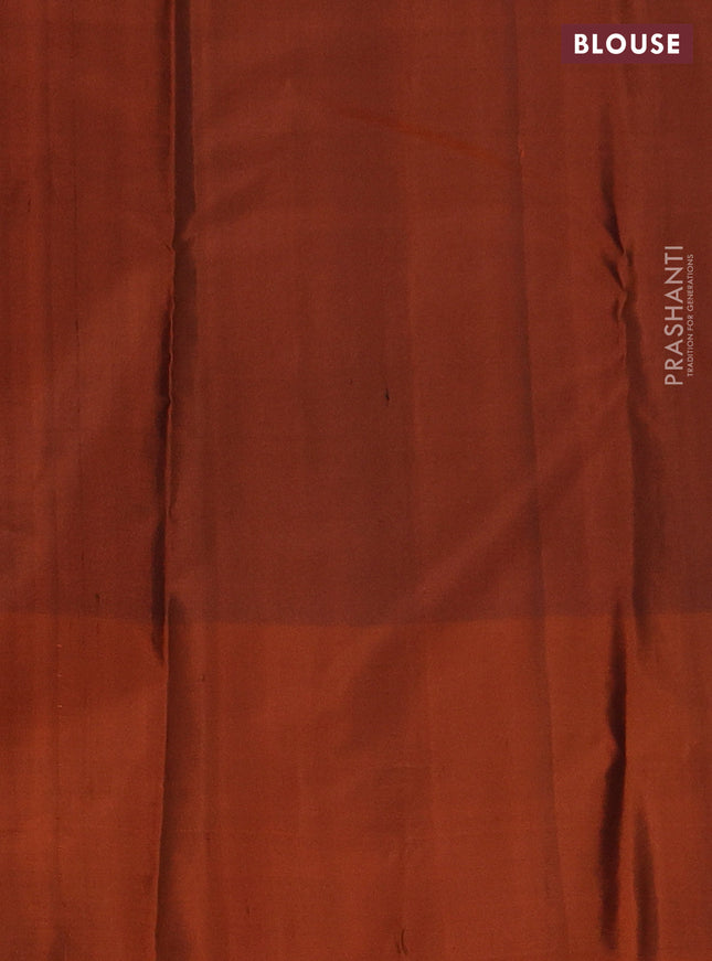 Pure kanchipuram silk saree blue and orange with allover stripes pattern and zari woven butta border