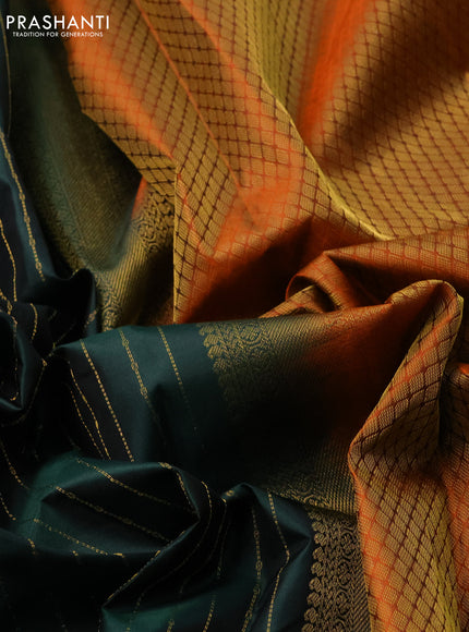 Pure kanchipuram silk saree bottle green and orange with allover stripes pattern and zari woven butta border