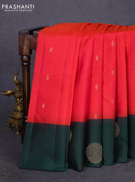 Pure kanchipuram silk saree dual shade of pinkish orange and dark green with zari woven buttas and zari woven butta border