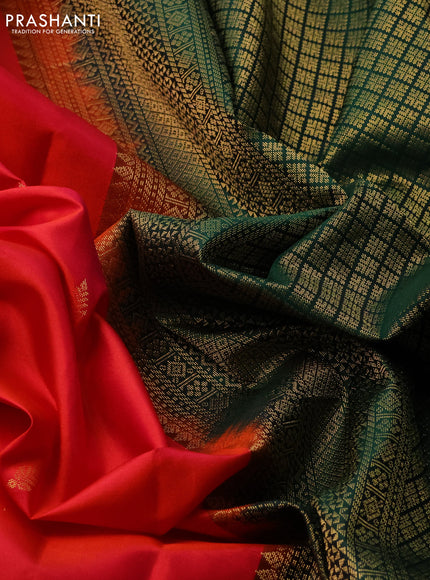 Pure kanchipuram silk saree dual shade of pinkish orange and dark green with zari woven buttas and zari woven butta border