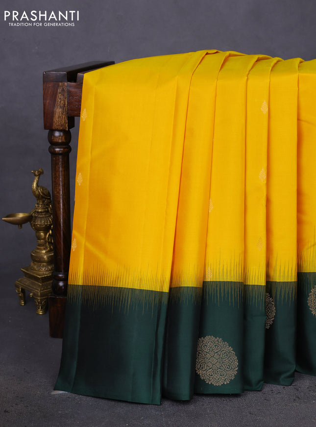 Pure kanchipuram silk saree yellow and dark green with zari woven buttas and zari woven butta border