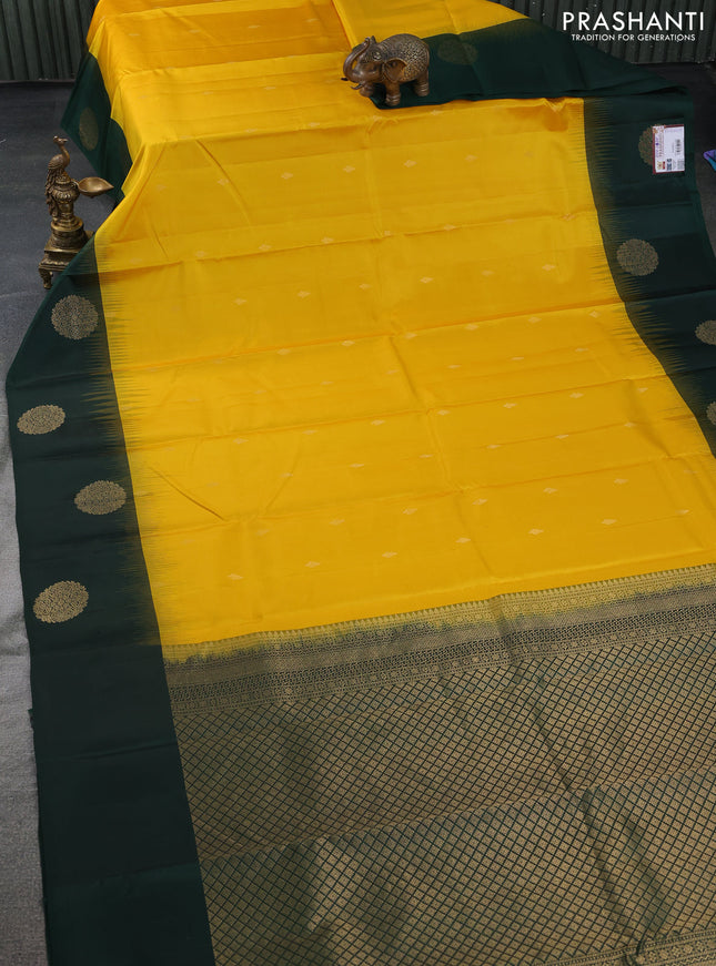 Pure kanchipuram silk saree yellow and dark green with zari woven buttas and zari woven butta border