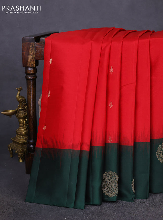 Pure kanchipuram silk saree red and dark green with zari woven buttas and zari woven butta border