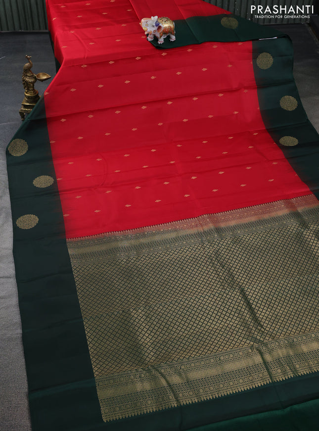 Pure kanchipuram silk saree red and dark green with zari woven buttas and zari woven butta border