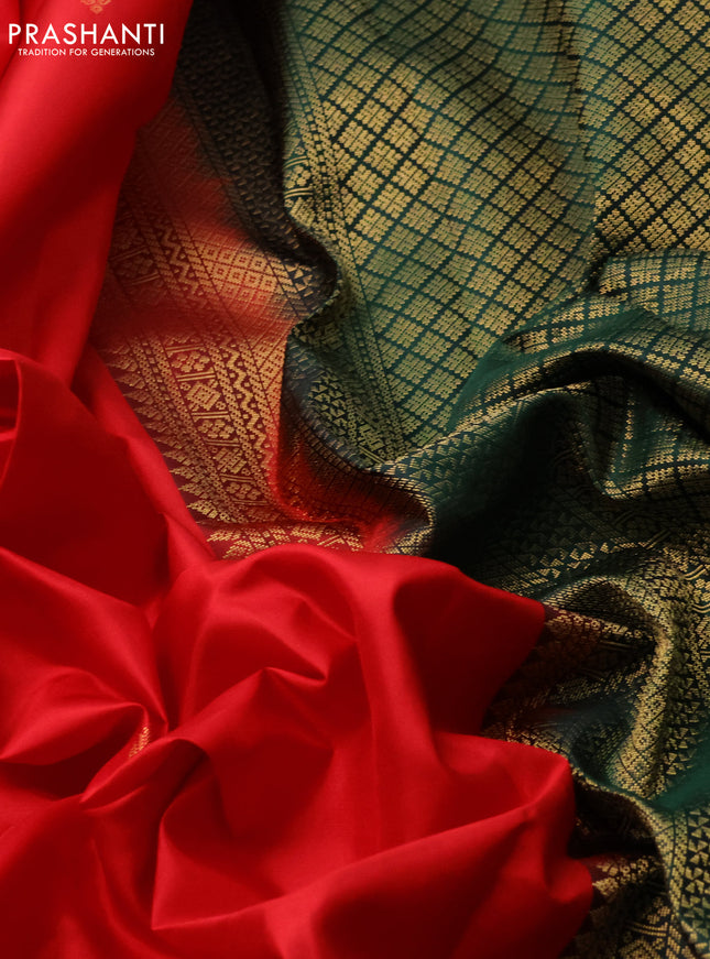 Pure kanchipuram silk saree red and dark green with zari woven buttas and zari woven butta border