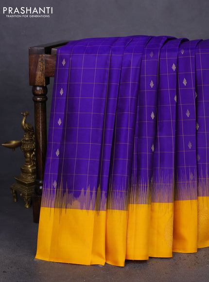 Pure kanchipuram silk saree blue and mustard yellow with allover checked pattern & zari buttas and zari woven butta border