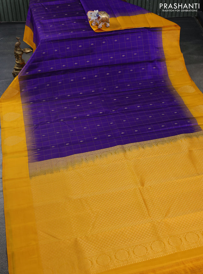 Pure kanchipuram silk saree blue and mustard yellow with allover checked pattern & zari buttas and zari woven butta border