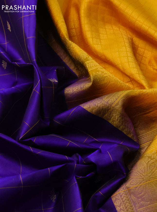 Pure kanchipuram silk saree blue and mustard yellow with allover checked pattern & zari buttas and zari woven butta border