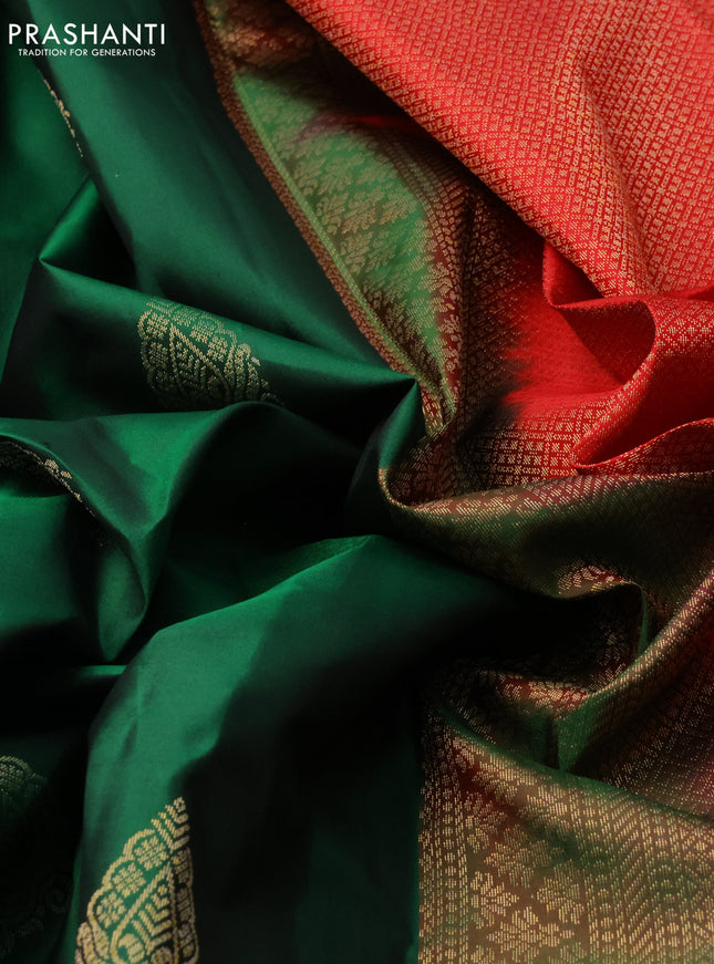 Pure kanchipuram silk saree green and red with zari woven buttas and zari woven border