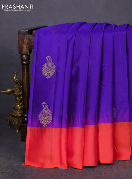 Pure kanchipuram silk saree blue and dual shade of pinkish orange with zari woven buttas and zari woven border