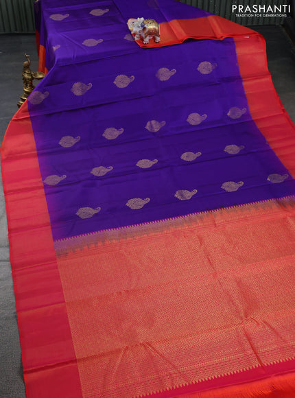 Pure kanchipuram silk saree blue and dual shade of pinkish orange with zari woven buttas and zari woven border
