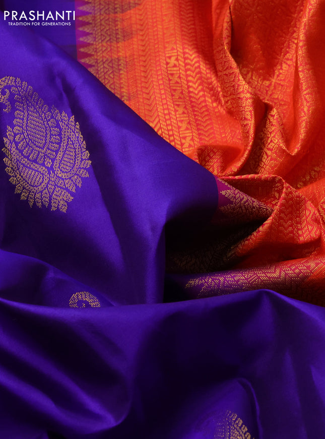 Pure kanchipuram silk saree blue and dual shade of pinkish orange with zari woven buttas and zari woven border