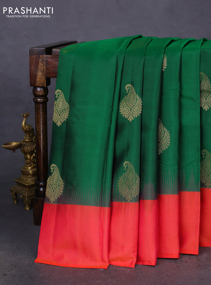 Pure kanchipuram silk saree green and dual shade of pinkish orange with zari woven buttas and zari woven border