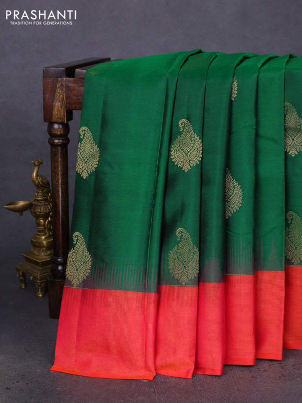 Pure kanchipuram silk saree green and dual shade of pinkish orange with zari woven buttas and zari woven border