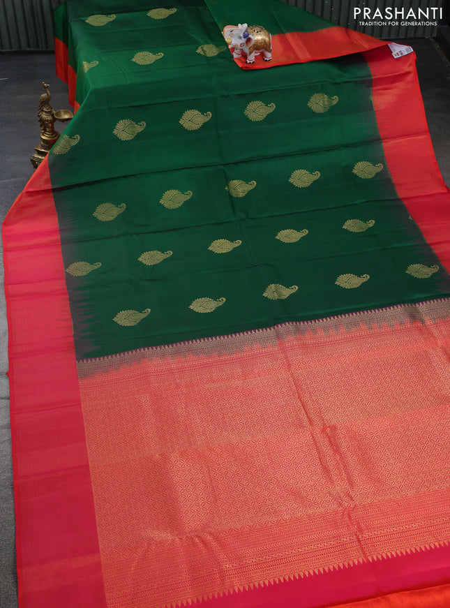 Pure kanchipuram silk saree green and dual shade of pinkish orange with zari woven buttas and zari woven border