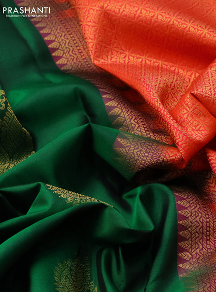 Pure kanchipuram silk saree green and dual shade of pinkish orange with zari woven buttas and zari woven border