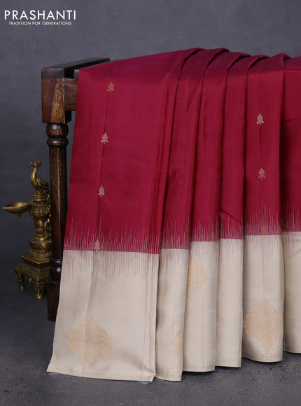 Pure kanchipuram silk saree wine shade and beige with zari woven buttas and zari woven butta border