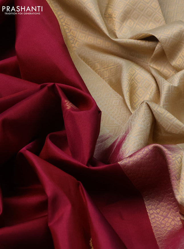 Pure kanchipuram silk saree wine shade and beige with zari woven buttas and zari woven butta border