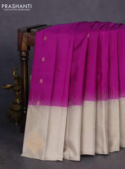 Pure kanchipuram silk saree purple and beige with zari woven buttas and zari woven butta border