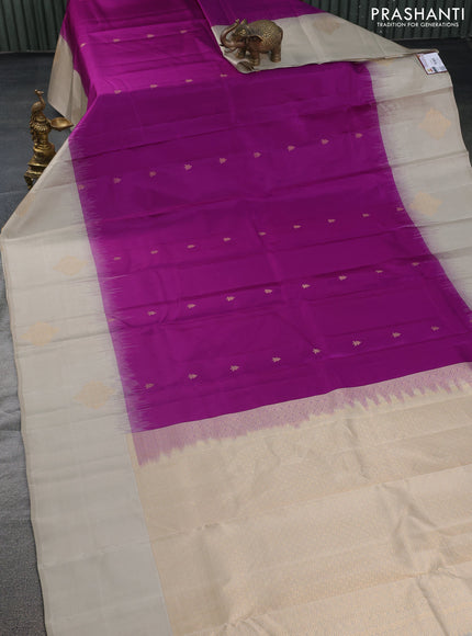 Pure kanchipuram silk saree purple and beige with zari woven buttas and zari woven butta border