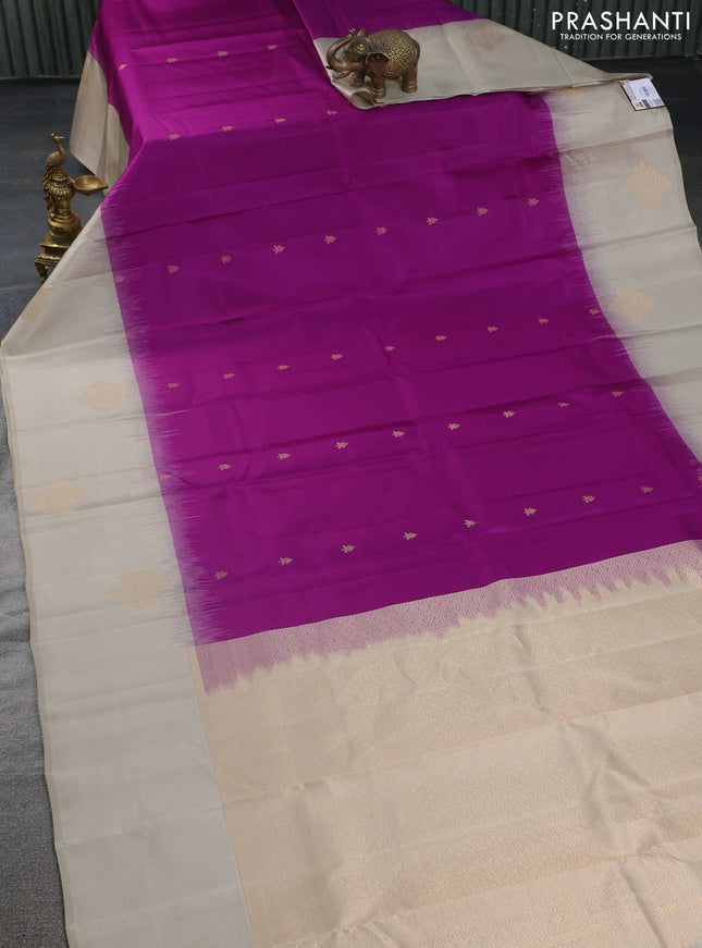Pure kanchipuram silk saree purple and beige with zari woven buttas and zari woven butta border