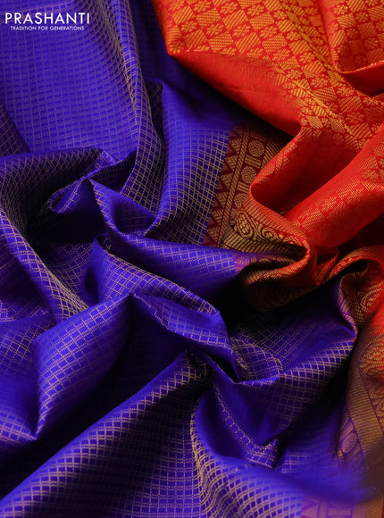 Pure kanchipuram silk saree blue and red with allover small zari checked pattern and long zari woven border