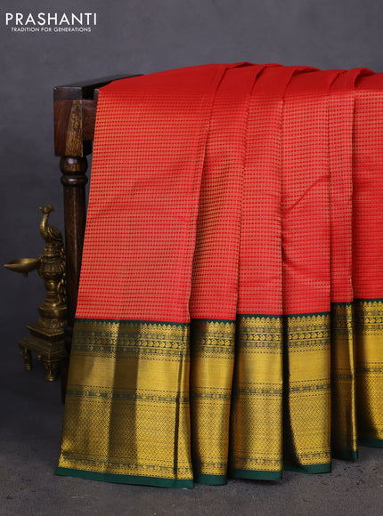 Pure kanchipuram silk saree red and green with allover small zari checked pattern and long zari woven korvai border