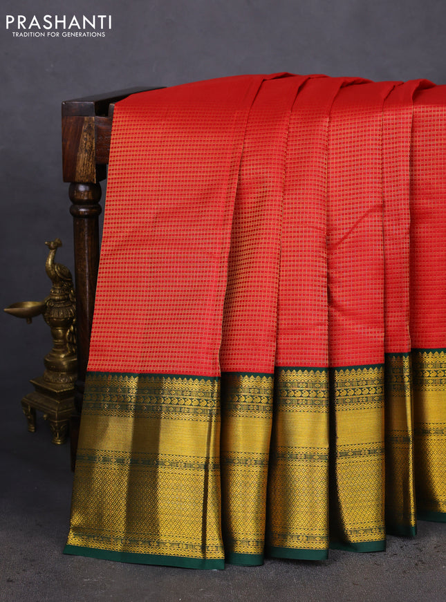 Pure kanchipuram silk saree red and green with allover small zari checked pattern and long zari woven korvai border
