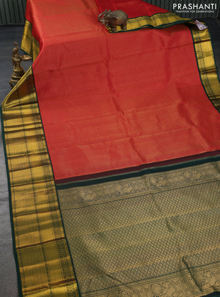 Pure kanchipuram silk saree red and green with allover small zari checked pattern and long zari woven korvai border