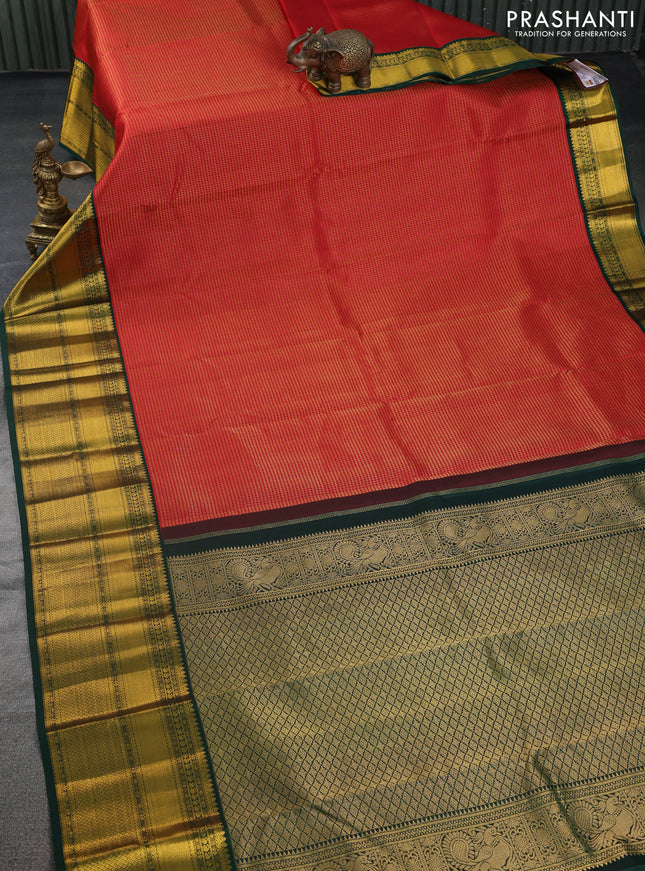 Pure kanchipuram silk saree red and green with allover small zari checked pattern and long zari woven korvai border