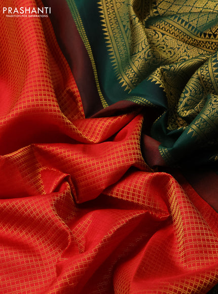 Pure kanchipuram silk saree red and green with allover small zari checked pattern and long zari woven korvai border